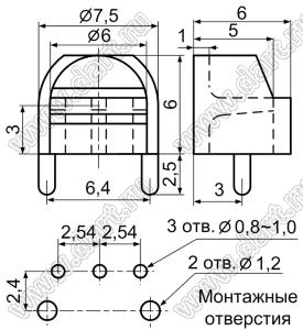 LEK-508 держатель трехвыводного 5мм светодиода на плату угловой; C=6,0мм; нейлон-66 (UL); черный