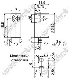 LEK-517 держатель трехвыводного 5мм светодиода на плату угловой; C=6,0мм; нейлон-66 (UL); черный