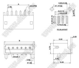 A1501-II-SMT-10AW (S10B-ZR-SM2-TF) вилка однорядная угловая SMD с направляющими в плату, шаг 1,5 мм, 10 контактов; шаг 1,5мм; 10-конт.