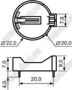 KF-3 (CH224-2032, BH20D66, BH-642, FH-4, BS-2-1PT, KLS5-CR2032-01) держатель элемента питания 2032 в плату горизонтальный