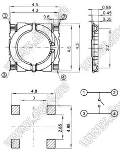TVCM10 кнопка тактовая SMD; 4,5x4,5x0,55мм