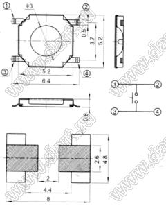 TVCM15 T/R кнопка тактовая SMD; 5,2x5,2x0,8мм в ленте на ролеке