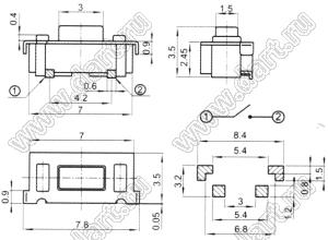 THBM03-T/R (TD-15XA-Y-T/R, IT-1188E, SWT-11, SWT 7x3.5-R) кнопка тактовая для поверхностного монтажа; 7,0x2,5мм; H=3,5мм