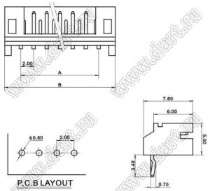 A2001-07AW (S7B-PH-K-S, MW-07MR, 53254-0770, WB-07R, DS1066-07MRW6) вилка на плату угловая; шаг 2,00мм; 7-конт.; нейлон-66/латунь луженая; цвет натуральный