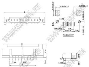 A1252-SMT-02AW (DF14-2P-1.25H(24) вилка однорядная угловая SMD; шаг 1,25мм; 2-конт.; покрытие контактов: лужение