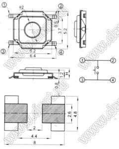 TVCM16 (IT-1187N-160...180G) кнопка тактовая SMD; 5,2x5,2x1,5мм
