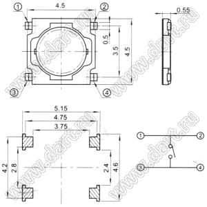 TVCM09 кнопка тактовая SMD; 4,5x4,5x0,55мм