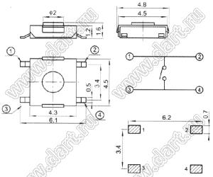 TVCM04-A кнопка тактовая SMD; 4,5x4,3x1,6мм; с направляющими в плату