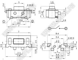 THBM02-0.6 T/R (KFC-A36-03) кнопка тактовая для поверхностного монтажа; 7,0x2,5мм; H=3,5мм