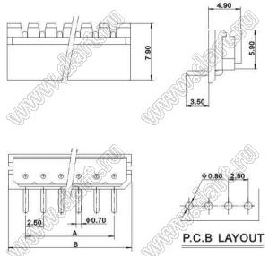 A2502-05AW (5268-5AW, MOLEX 22057055) вилка однорядная угловая на плату; шаг 2,50мм; 5-конт.