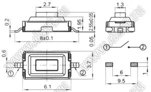 TVBM17-2.5-T/R (TD-19XA-Y-T/R, IT-1181) WHITE кнопка тактовая для поверхностного монтажа; 6,1x3,7мм; в ленте на катушке; H=2,5мм; толкатель белый