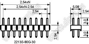 2213S-80G-30 вилка двухрядная прямая, шаг 2,54 мм, 2x40 контактов, высота 3,0+2,54+3,0мм