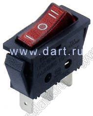 KCD3-JK-103O51RB переключатель клавишный ON-OFF-ON; 32,0х14,0мм; 10A 250VAC/15A 125VAC; толкатель красный/корпус черный; без подсветки;  маркировка "I O II"; терминалы 6,3x0,8мм