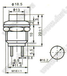 DS-212AR (R13-507AM) кнопка без фиксации, нормально разомкнутая, красная, металический корпус