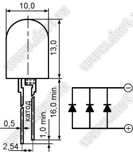 BL-UE820Q3-19-84 (BIN-1) светодиод круглый 10x13 мм 3-х кристалльный; красный; 620...625нм; корпус прозрачный; 2,1...2,3V; 4000...6000мКд; 18°