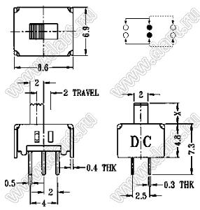 SS-22D07-G4 (SS-22D12-G4) переключатель движковый прямой 2P2T