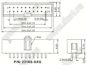 2316S-16G (IDC-16MS, BH-16, DS1013-16SSB1) вилка закрытая прямая на плату для монтажа в отверстия; шаг=2,54x2,54мм; 2x8-конт.