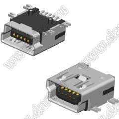 U144-0355-H6161 (1734035-2, 5075BMR-05-SM, USB 05-BF SMD, HW-MU-5F-13, USB/M-1J, MUBRS1-05S, mini USB-10S, TE1734035-1) MINI USB 5PIN розетка мини USB2.0 для SMD монтажа, тип B, 5 конт.,