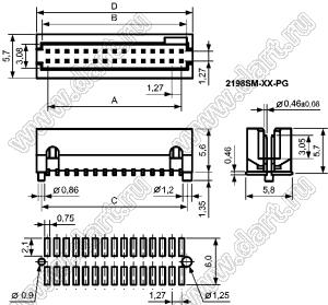 2198SM-068-PG (BH1.27-68SMD) вилка закрытая прямая с направляющими на плату для поверхностного монтажа, шаг 1,27 мм x 1,27мм, 68 контактов (2x34)