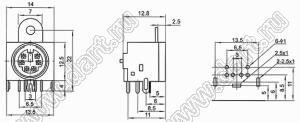 MDC-6-17 гнездо экранированное мини-DIN угловое на плату, 6 контактов