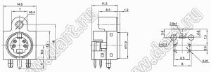 MDC-4-33D гнездо экранированное мини-DIN угловое на плату и корпус, 4 контакта