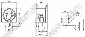 MDC-4-01 гнездо мини-DIN угловое на плату, 4 контакта