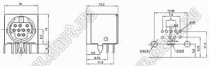 MDC-9-05A гнездо экранированное мини-DIN угловое на плату, 9 контактов