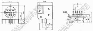 MDC-9-03 гнездо экранированное мини-DIN угловое на плату, 9 контактов