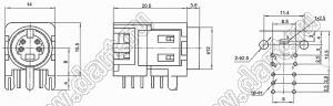 MDCK-4-11 гнездо мини-DIN угловое на плату, 4 контакта с переключателем