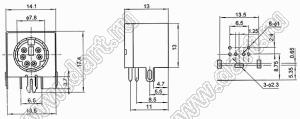 MDC-6-03 гнездо экранированное мини-DIN угловое на плату, 6 контактов