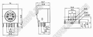 MDC-6-02 гнездо экранированное мини-DIN угловое на плату, 6 контактов