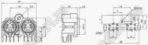 MDC2-4-13D блок 2-х гнезд мини-DIN угловой на плату и корпус, 2 по 4 контакта