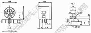 MDC-8-05 гнездо экранированное мини-DIN угловое на плату, 8 контактов