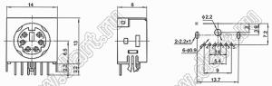 MDC-6-44 гнездо мини-DIN угловое на плату, узкое, 6 контактов