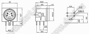 MDC-4-16 гнездо мини-DIN угловое на плату, 4 контакта