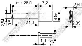 2A5R3UD12 светодиод прямоугольный 2x5x7 мм; красный; 620...661нм; корпус диффузный; 1,5…2,55V; 100…200мКд; 140°