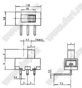 SS-12F21-G7 переключатель движковый угловой 1P2T