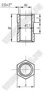 BLHE-040100 (ТУ.122.2009.09-23) втулка резьбовая закладная шестигранная со сквозным отверстием; M4; h=10,0мм; латунь