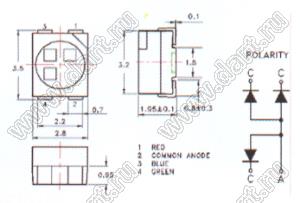 BT67-2302SURUBGUBCS 3528 ЧИП светодиод RGB, (красный 620-625нм 180-230мкд; зеленый 518-521нм 900-1150мкд; синий 467-470нм 230-285мкд) 130град; общий анод