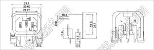 SP-864D2 вилка IEC60320(C14) угловая сетевого питания на корпус и для пайки в плату