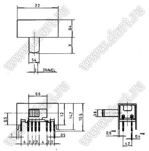 SK-43D03-EG5-L1R3 переключатель движковый угловой 4P3T; 4P3T; I=0,3А; U=50В