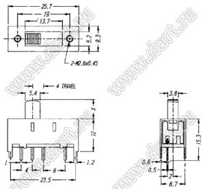 SS-13H12-G5 (SS-12H23-G5) переключатель движковый прямой 1P3T; U=50В; I=0,5А