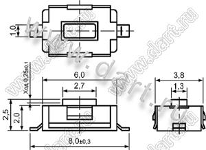 TVBM20 (TD-11XA-Y) кнопка тактовая для поверхностного монтажа; 6,0x3,5мм; H=2,5мм