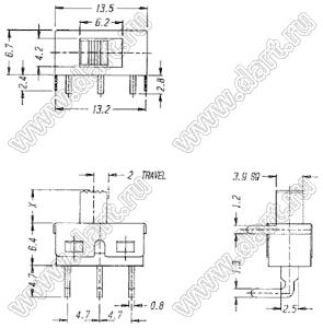 SS-12D11-G6  (TS-13P, B3017) переключатель движковый угловой 1P2T