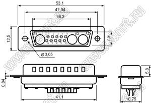 13W3S0S0xxx000 корпус розетки D-SUB комбинированной; 10_сигнальн.конт.; 3_увелич.конт.; с отверстиями диаметром 3,05 мм на кожухе