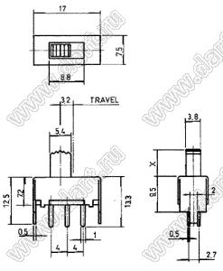 SS-22F10-G7 переключатель движковый прямой 2P2T