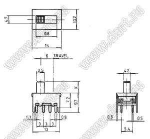 SS-22L13-G5 переключатель движковый прямой на плату; 2P2T; I=300мА; U=50В