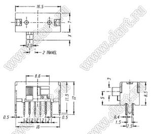 SK-24D03-G5 переключатель движковый угловой 2P4T; U=50В; I=0,3А