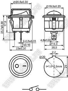 KCD1-106-101O11BBB переключатель клавишный ON-OFF,; D=23,0мм; 6A 250VAC/10A 125VAC; толкатель черный/корпус черный; без подсветки;  маркировка "O I"; терминалы 4,8x0,8мм