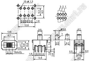 SS-23F06-G5 переключатель движковый прямой на плату; 2P3T; I=300мА; U=50В